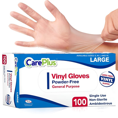 CARE PLUS Vinyl Gloves Clear Medium, Disposable Latex Free, 100 Count