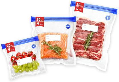 60 Pcs Reusable Vacuum Sealer Bags for Food, 3 Size BPA-Free Vacuum Storage Bags with Sealing Clips & Leak-Proof Design for Sous Vide Cooking, Freezer, Microwave Heating