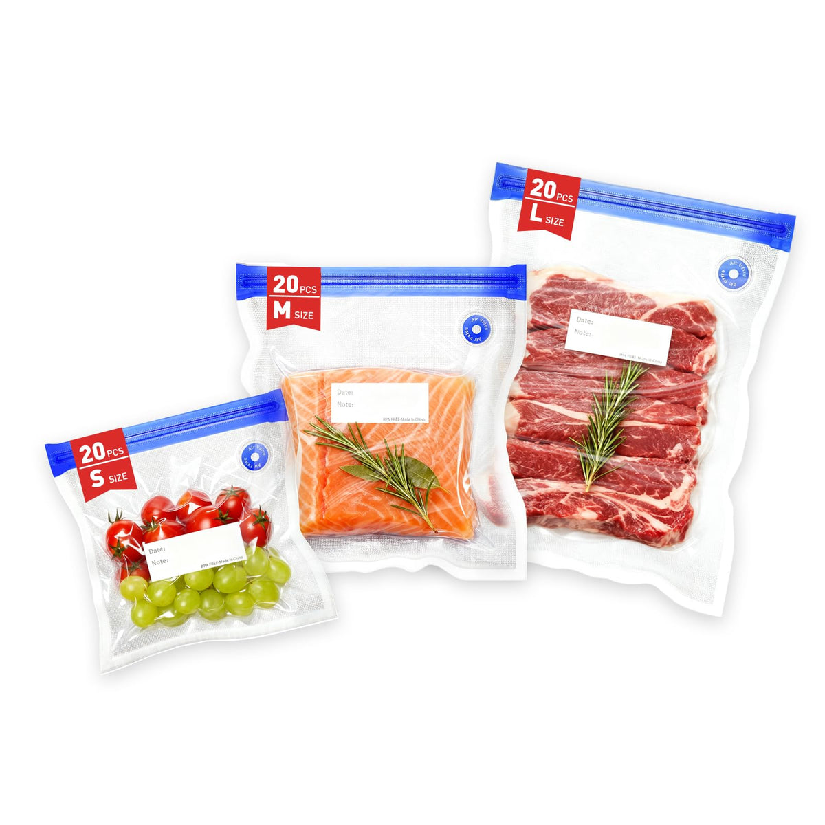 60 Pcs Reusable Vacuum Sealer Bags for Food, 3 Size BPA-Free Vacuum Storage Bags with Sealing Clips & Leak-Proof Design for Sous Vide Cooking, Freezer, Microwave Heating