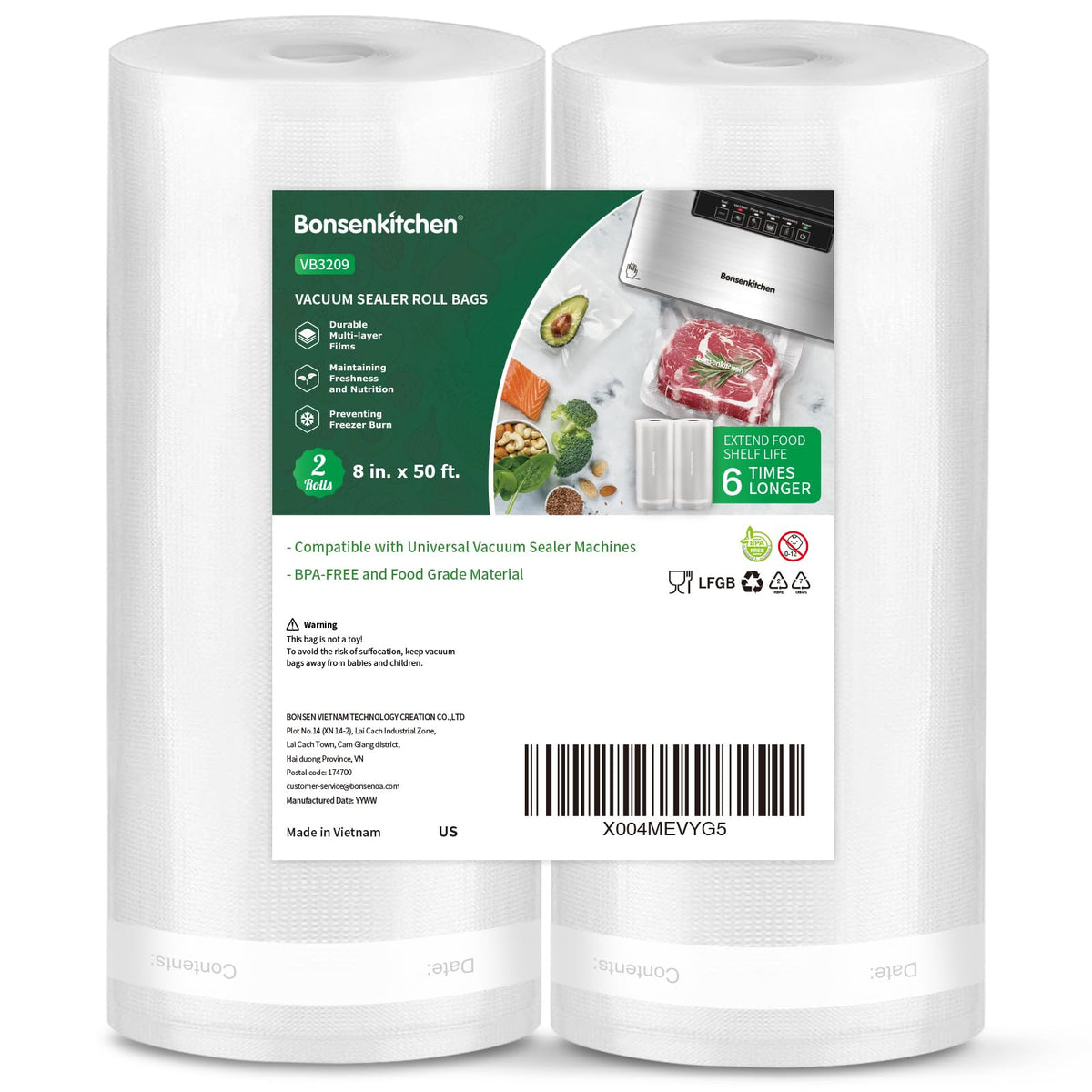 Bonsenkitchen Vacuum Sealer Bags, 8" x 50' Rolls 2 pack for Food Storage