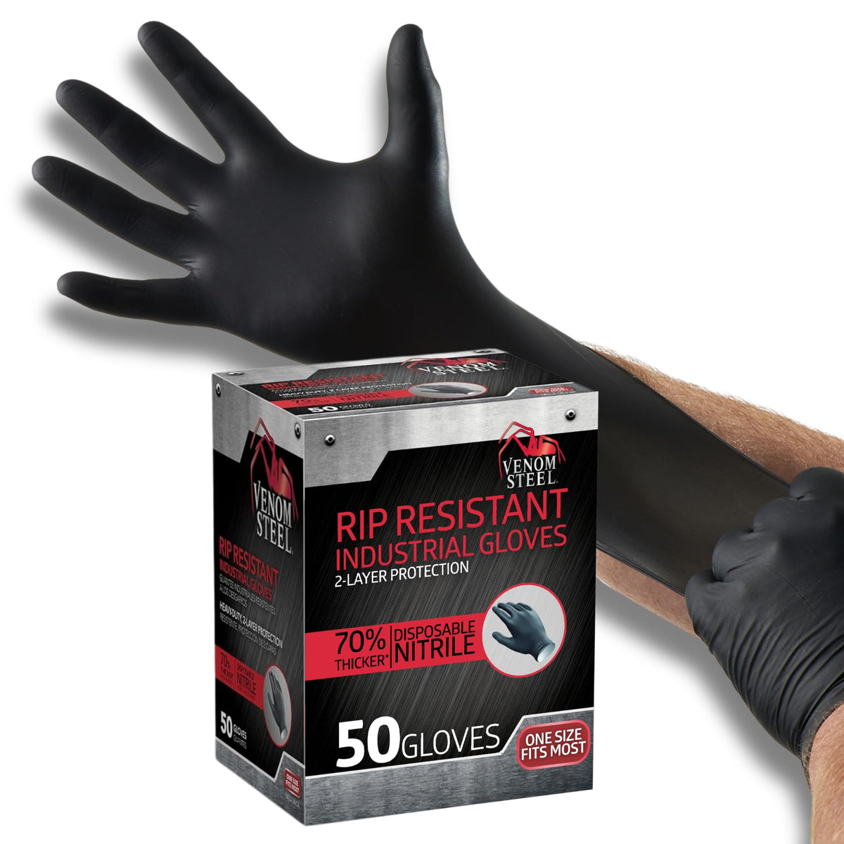 Venom Steel Industrial Nitrile Gloves, Chemical Resistant Disposable Black Gloves, Latex-Free, Powder-Free, Textured Grip, Heavy Duty Two-Layer Protection, 6 mil,Medium, 100 Count