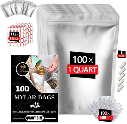 100pcs Quart Mylar Bags with 100 x 500cc Oxygen Absorbers-112 Labels