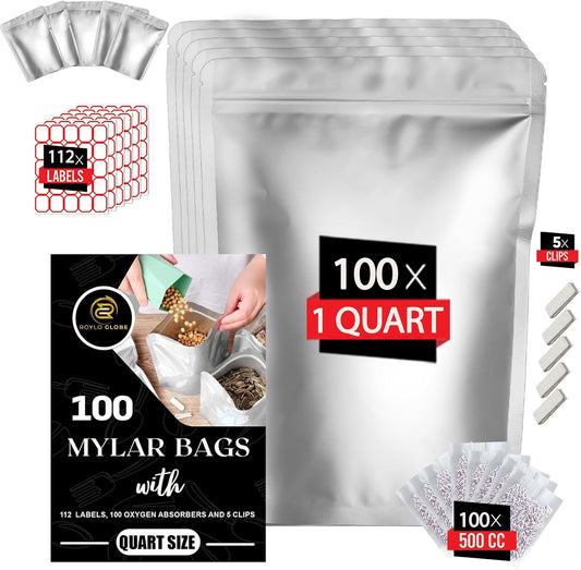 100pcs Quart Mylar Bags with 100 x 500cc Oxygen Absorbers-112 Labels