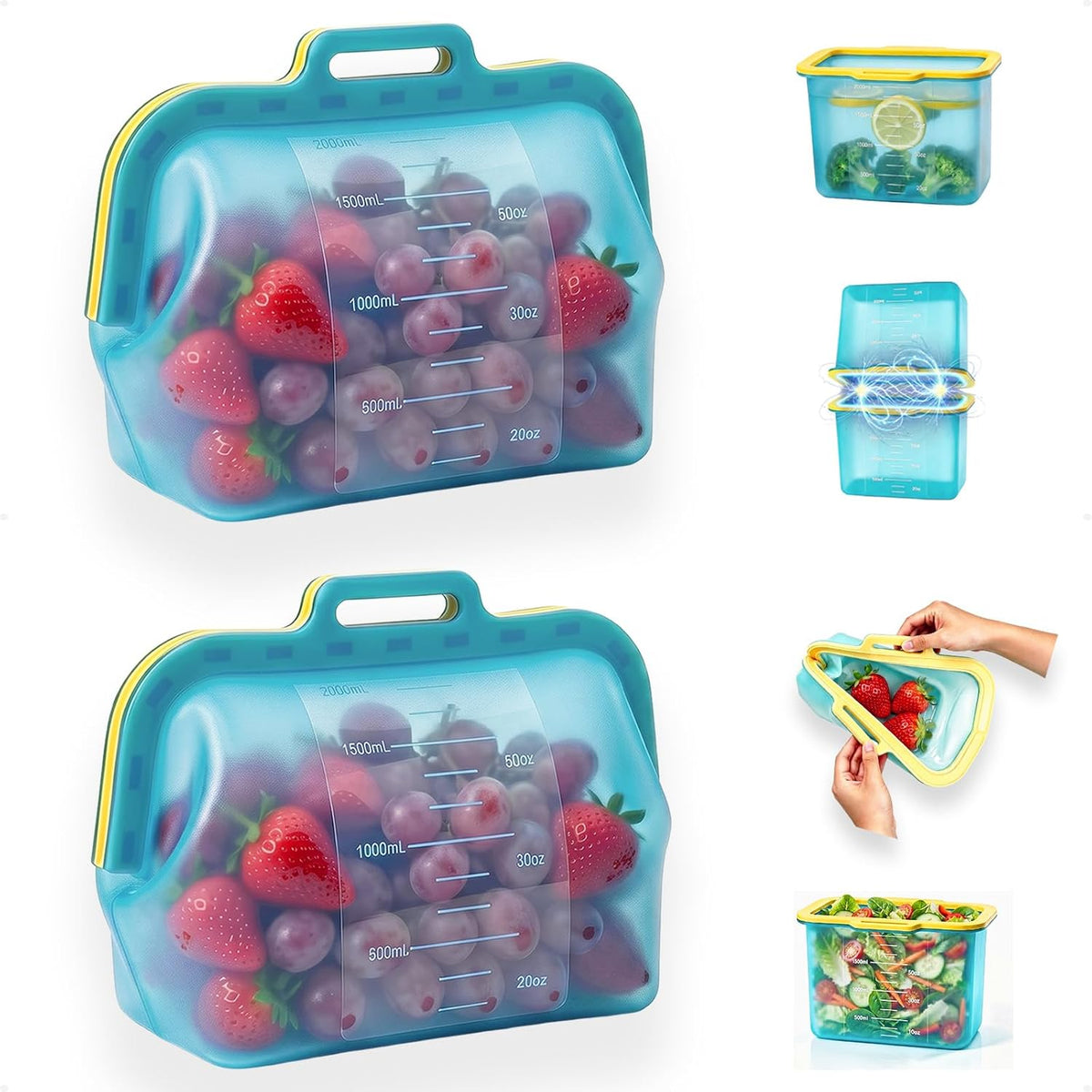 Auto-Closing Magnetic Seal Reusable Silicone Food Storage Bags, 2 Pack 8-Cup / 68 oz Stand-Up Pouches, No Harsh Smells, for Lunch, Fruit, Meal Prep, School & Office, Dishwasher & Freezer Safe