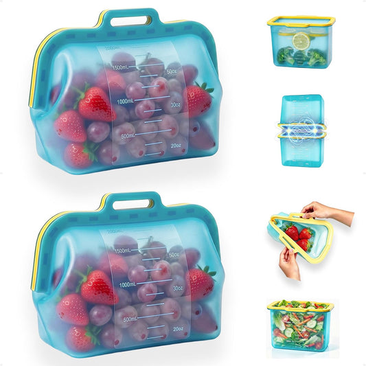 Auto-Closing Magnetic Seal Reusable Silicone Food Storage Bags, 2 Pack 8-Cup / 68 oz Stand-Up Pouches, No Harsh Smells, for Lunch, Fruit, Meal Prep, School & Office, Dishwasher & Freezer Safe