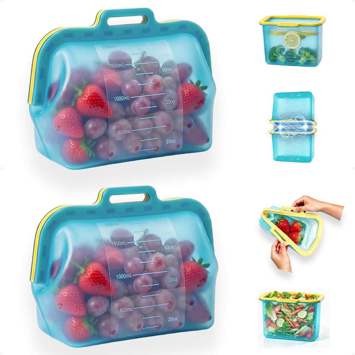 Auto-Closing Magnetic Seal Reusable Silicone Food Storage Bags, 2 Pack 8-Cup / 68 oz Stand-Up Pouches, No Harsh Smells, for Lunch, Fruit, Meal Prep, School & Office, Dishwasher & Freezer Safe