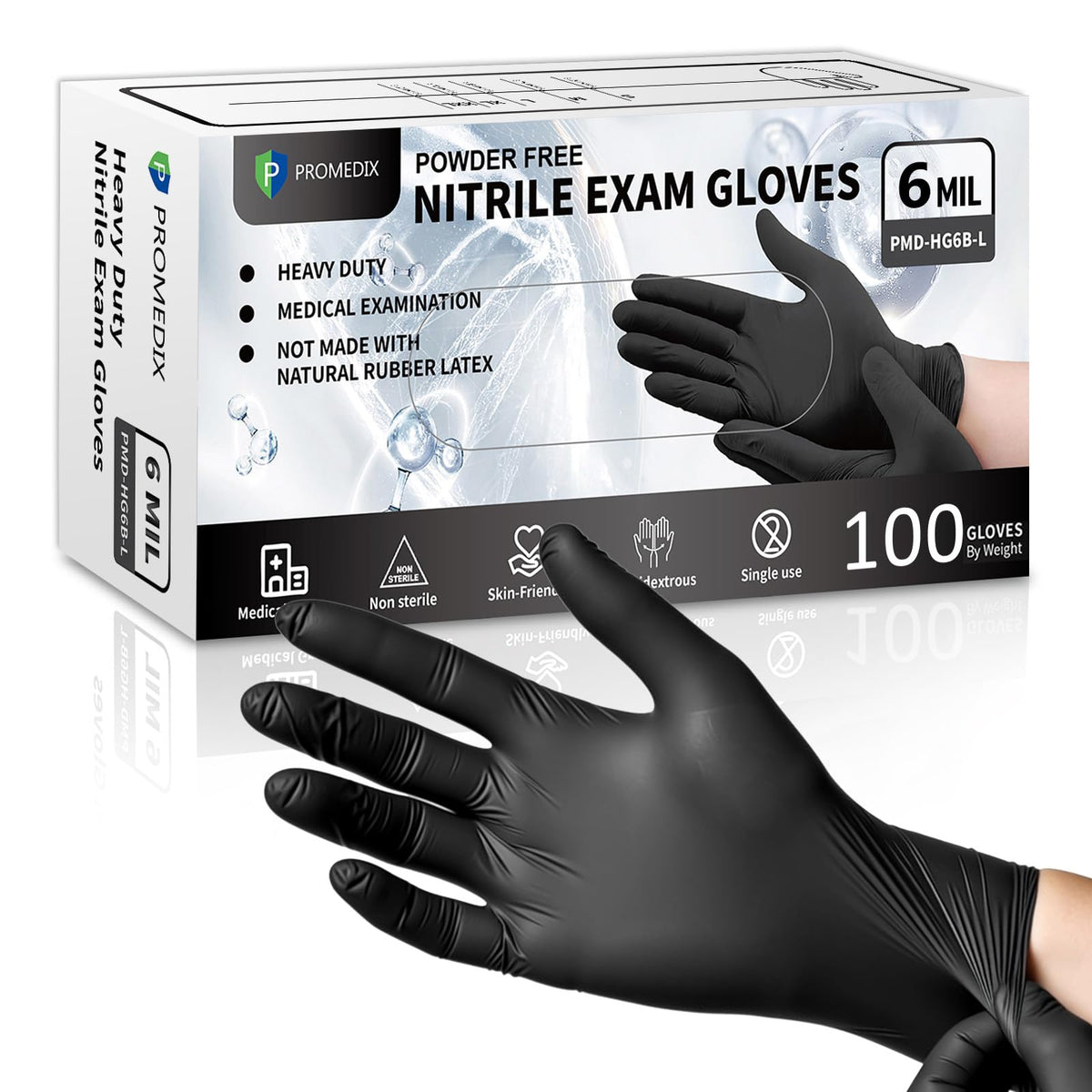 PROMEDIX P Black Disposable Nitrile Gloves, 6Mil 100 Pcs Food Safe Cooking Gloves Latex Free Rubber Gloves for Cleaning Exam