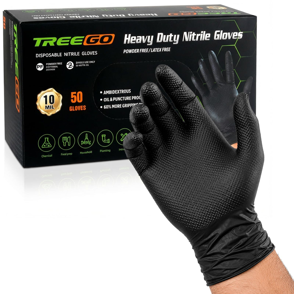 TREEGO 10 Mil Heavy Duty Black Nitrile Mechanic Gloves, 50 Count L