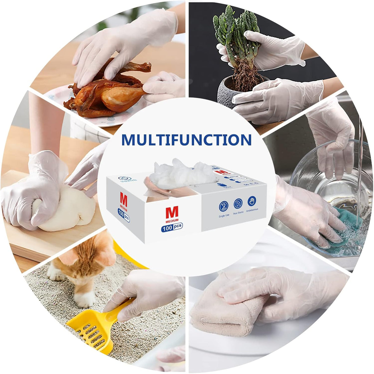squish Disposable Gloves, 100 Count 4 mil Clear Vinyl Gloves Latex Free Powder-Free Health Glove Cleaning Rubber Glove for Kitchen Cooking Cleaning Food Handling, Medium