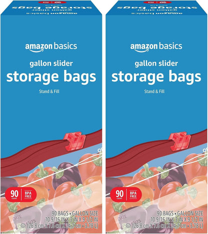Amazon Basics Slider Gallon Food Storage Bags, BPA Free, Stand-Up Bottom, Easy to Fill, 90 Count