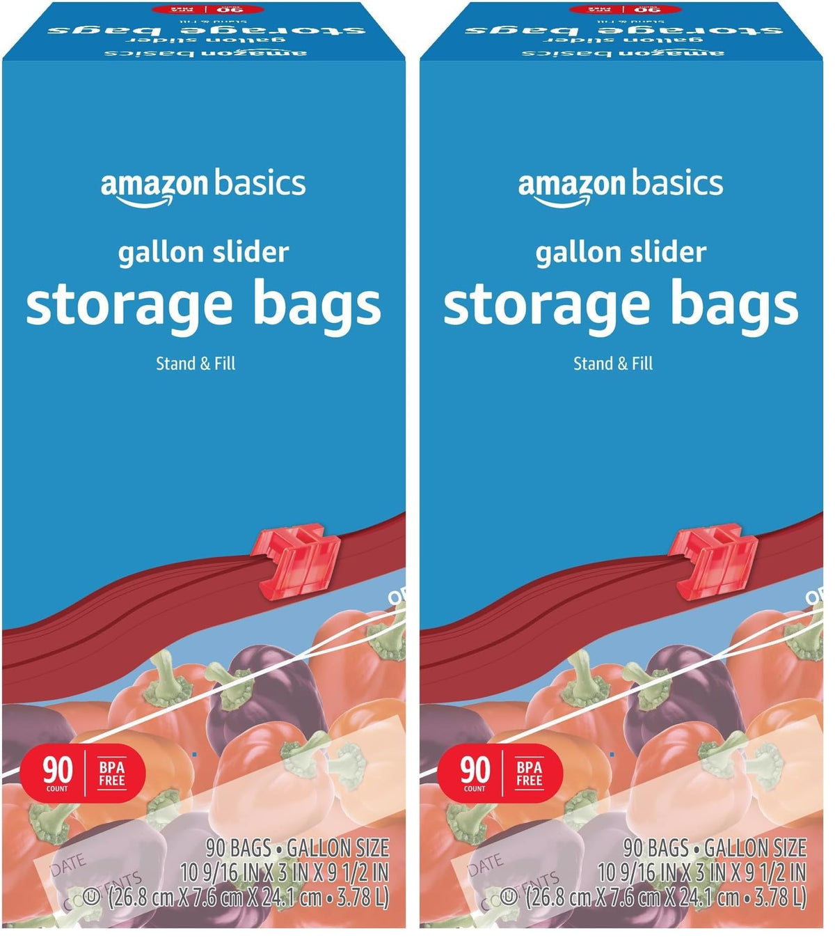Amazon Basics Slider Gallon Food Storage Bags, BPA Free, Stand-Up Bottom, Easy to Fill, 90 Count