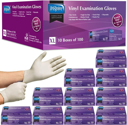 Inspire Stretch Vinyl Exam Gloves | THE ORIGINAL Quality Disposable Latex Free Medical Glove Cleaning Cooking Food Service Labs Healthcare and Household Extra Large, 1000 Count