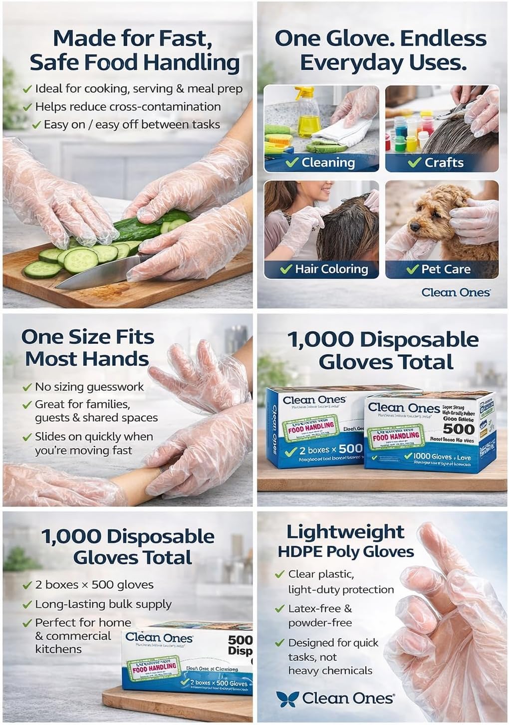 Disposable HDPE Poly xtiTS Gloves, One Size Fits All, 500 Count (2 Pack)