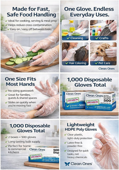 Disposable HDPE Poly xtiTS Gloves, One Size Fits All, 500 Count (2 Pack)
