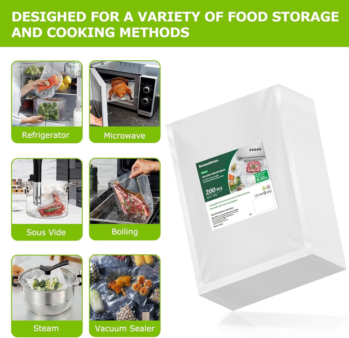 Bonsenkitchen Precut Vacuum Sealer Bags 200 Quart 8" x 12", BPA Free