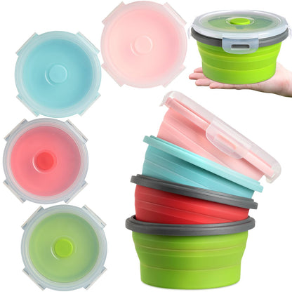Suclain 4 Pcs Collapsible Bowls with Lids Silicone Camping Food Storage Container Expandable Folding Salad Lunch Box Travel Container for Hiking Camping