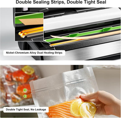 Gasbye 95kPa Precision Vacuum Sealer Machine, Double Heat Seal for Dry/Moist Food, Easy-Lock Handle, Built-in Bag Storage & Cutter, Progress Display, Pulse Mode, Removable Drip Tray, Silver