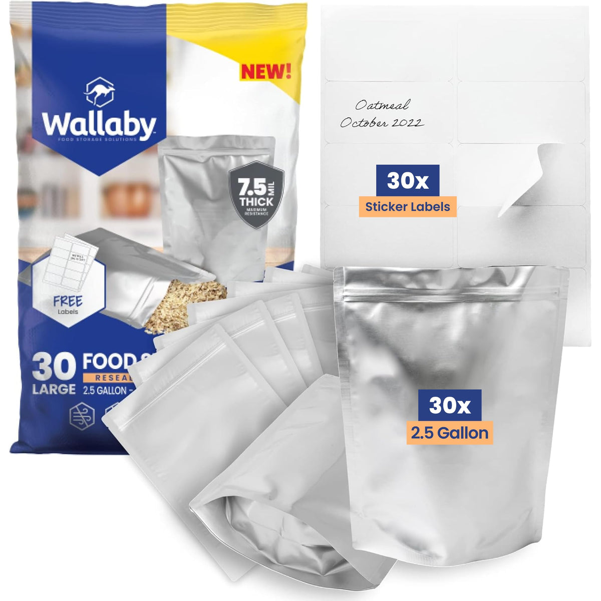 Wallaby 1-Pint Gusset 11 Mil Thick Mylar Bags, Zipper, Labels (50-Pack)