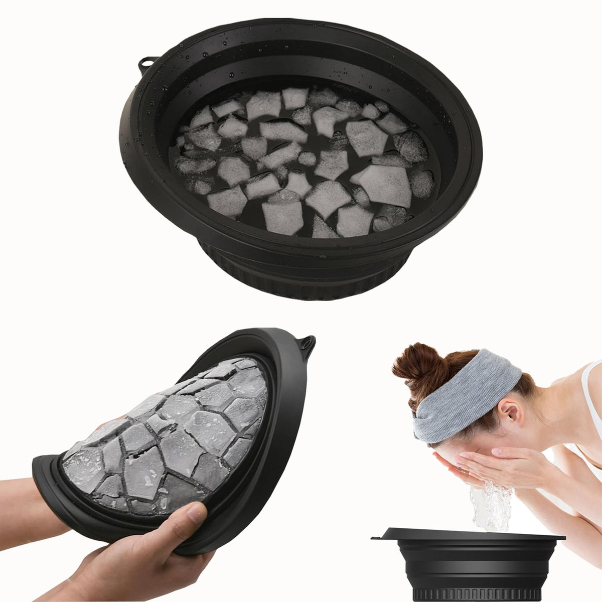 Foldable Face Ice Bath Bowl with Built-In Ice Tray (Green).