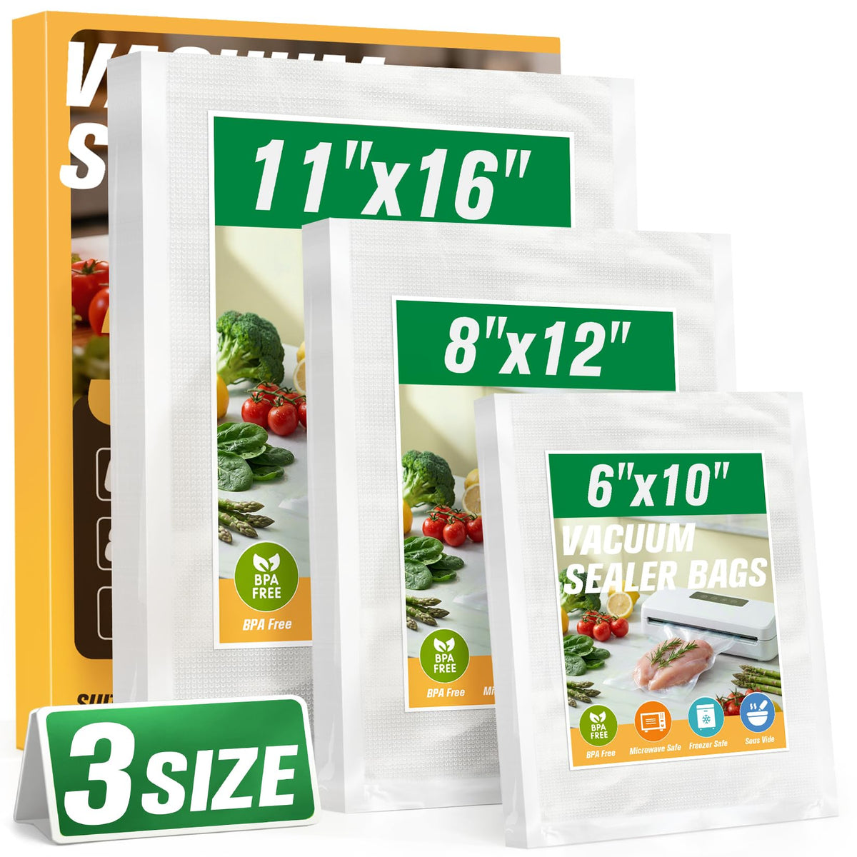 FUNFERY 100 PCS Precut Vacuum Sealer Bags for Food 11"x16"/8"x12"/6"x10"