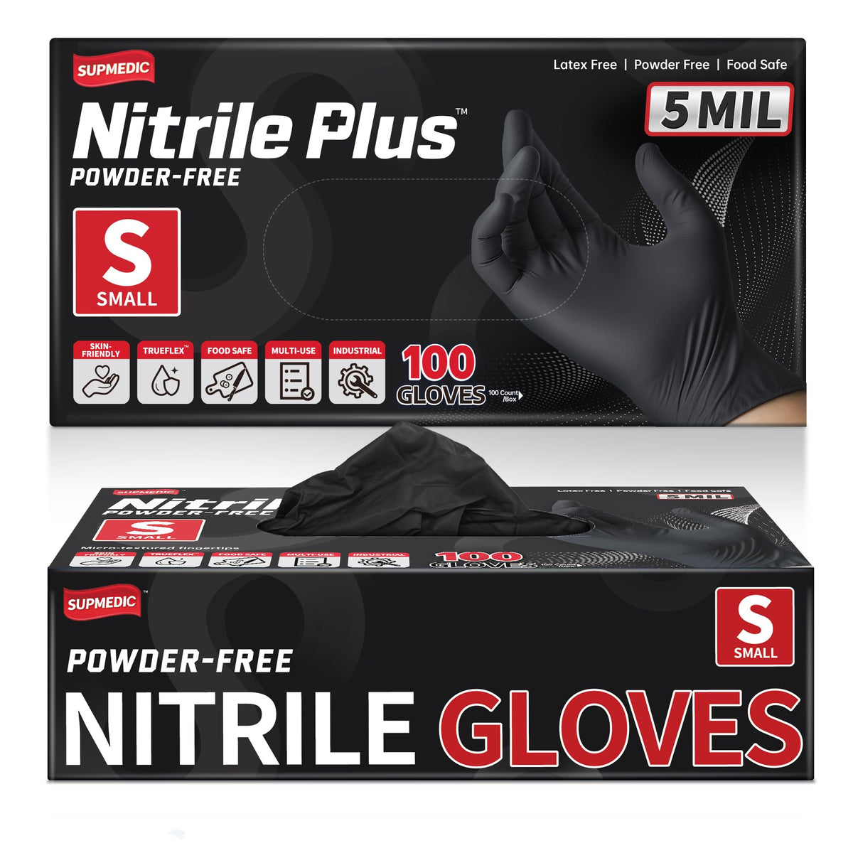 Supmedic Nitrile+ Disposable Gloves, 5 Mil Latex & Powder-Free Glove 100 Ct