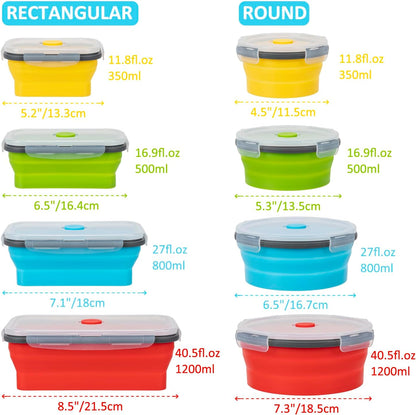 Collapsible Food Storage Containers with Lid & Air Vent, 8 Pack, 4 Rectangular + 4 Round, Annaklin Foldable Silicone Lunch Containers Collapsible Bowls Set, Microwave Freezer Dishwasher Safe, 4 Colors