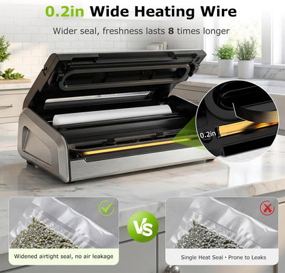 Bonsenkitchen Vacuum Sealer for Food, Stainless Steel, 0.2-inch Wider Seal