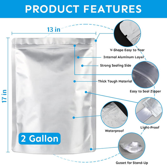 Mylar Bags 2Gallon 30PCS 17"X13" for Food Storage with Oxygen Absorbers&Labels,10Mil Thick Resealable Zipper&Heat Seal Stand Up Pouches for Packaging Long Term,Dried Food,BPA Free