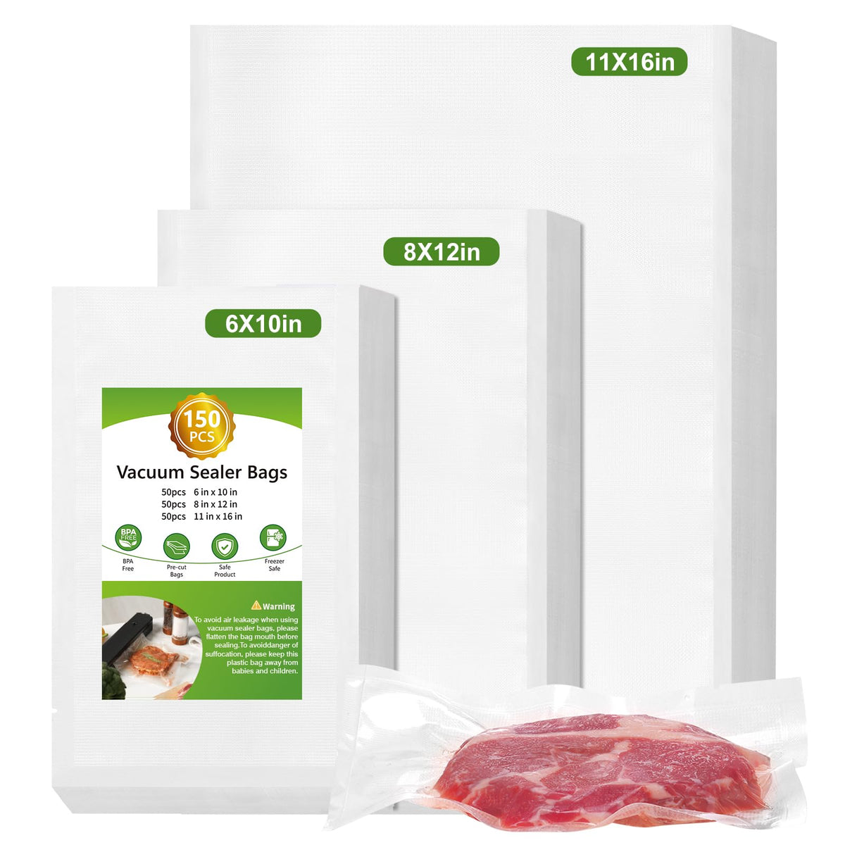 Vacuum Sealer Bags for Food Storage, 150pcs Precut Pint, Quart & Gallon