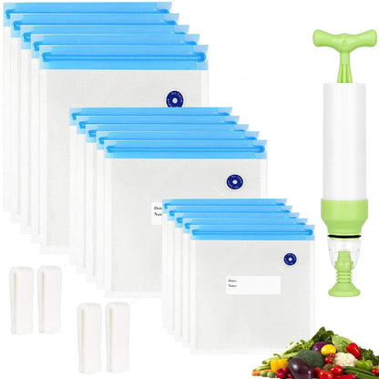 Sous Vide Bags 20pack Reusable Vacuum Food Storage Bags with 3 Sizes Vacuum Food Bags,1 Hand Pump,4 Sealing Clips for Food Storage and Sous Vide Cooking (Green Kit)