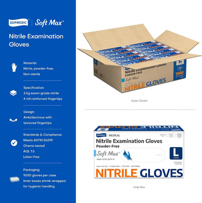 Supmedic Medical Soft Max Nitrile Exam Disposable Gloves Powder-Free 1000Ct