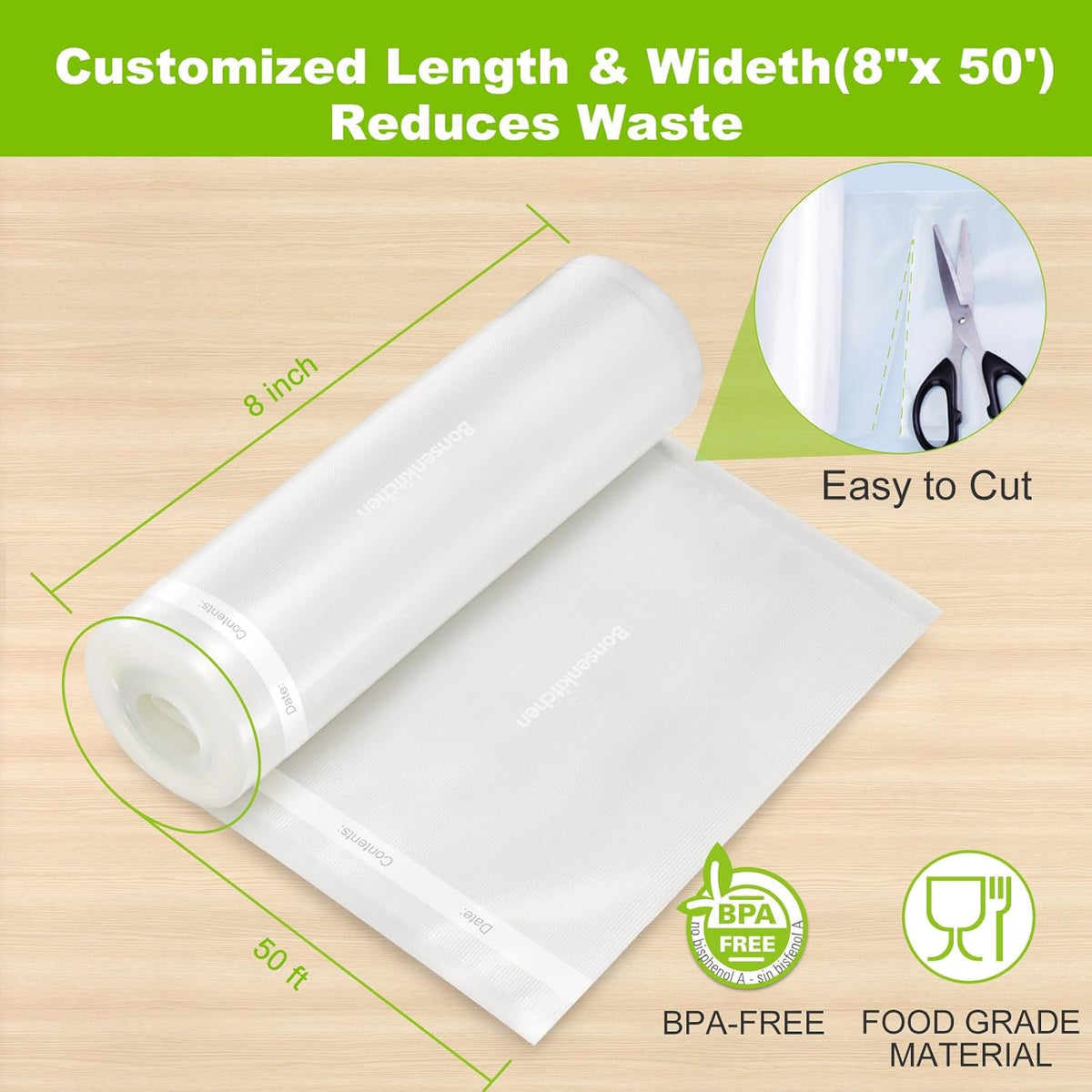 Bonsenkitchen Vacuum Sealer Bags, 8" x 50' Rolls 2 pack for Food Storage