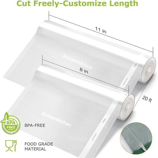 Bonsenkitchen Vacuum Sealer Rolls bags, 3 Rolls 11"x 20'+ 3 Rolls 8"x 20'