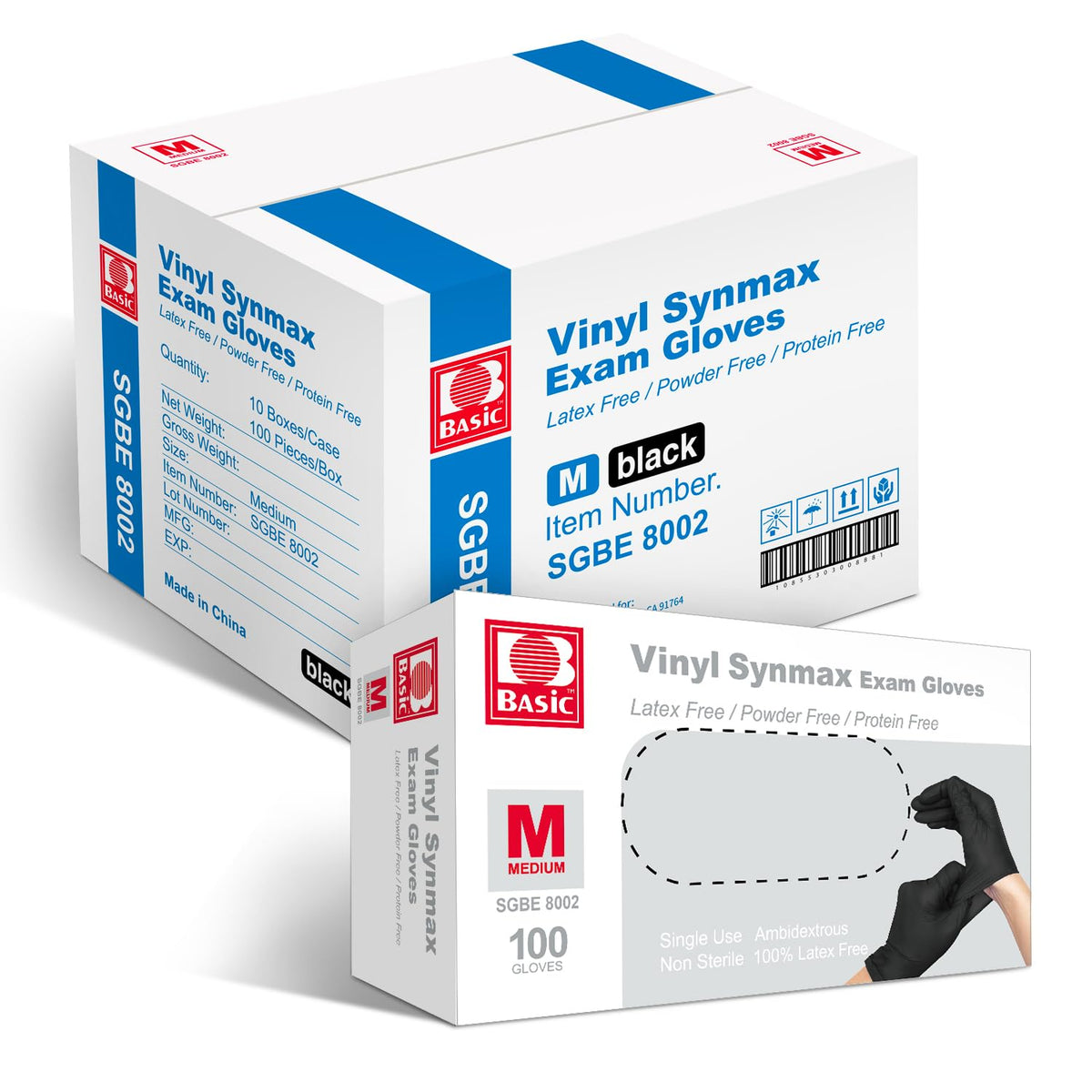 Basic Disposable Medical Synmax Vinyl Exam Gloves- 4 mil Safty Glove 1000pcs - Latex-Free & Powder-Free - SGBE 8002, Medium (Case of 1000, Black)