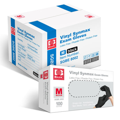 Basic Disposable Medical Synmax Vinyl Exam Gloves- 4 mil Safty Glove 1000pcs - Latex-Free & Powder-Free - SGBE 8002, Medium (Case of 1000, Black)