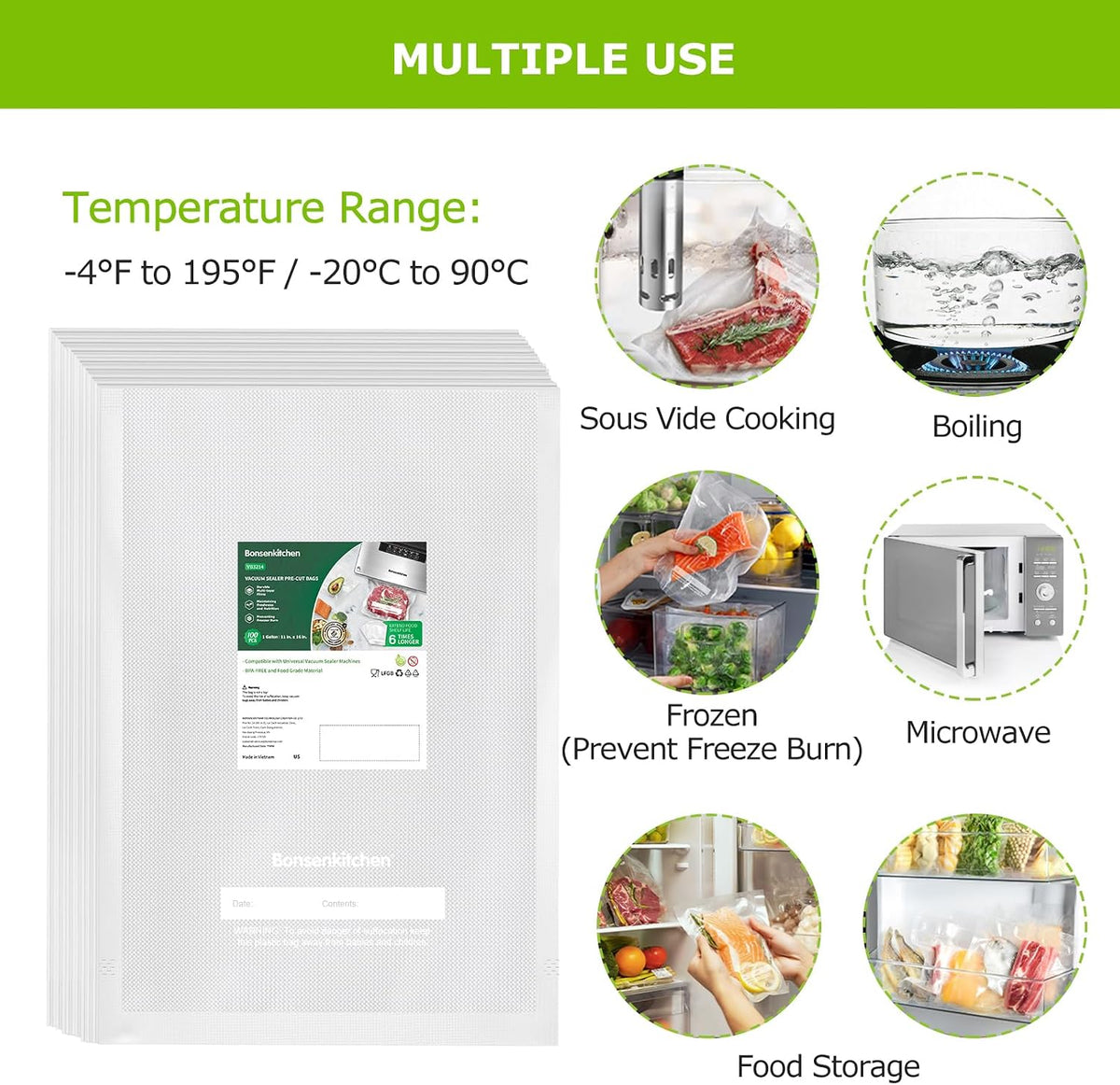 Bonsenkitchen Precut Vacuum Sealer Bags, 100 Gallon 11" x 16" Food Sealer