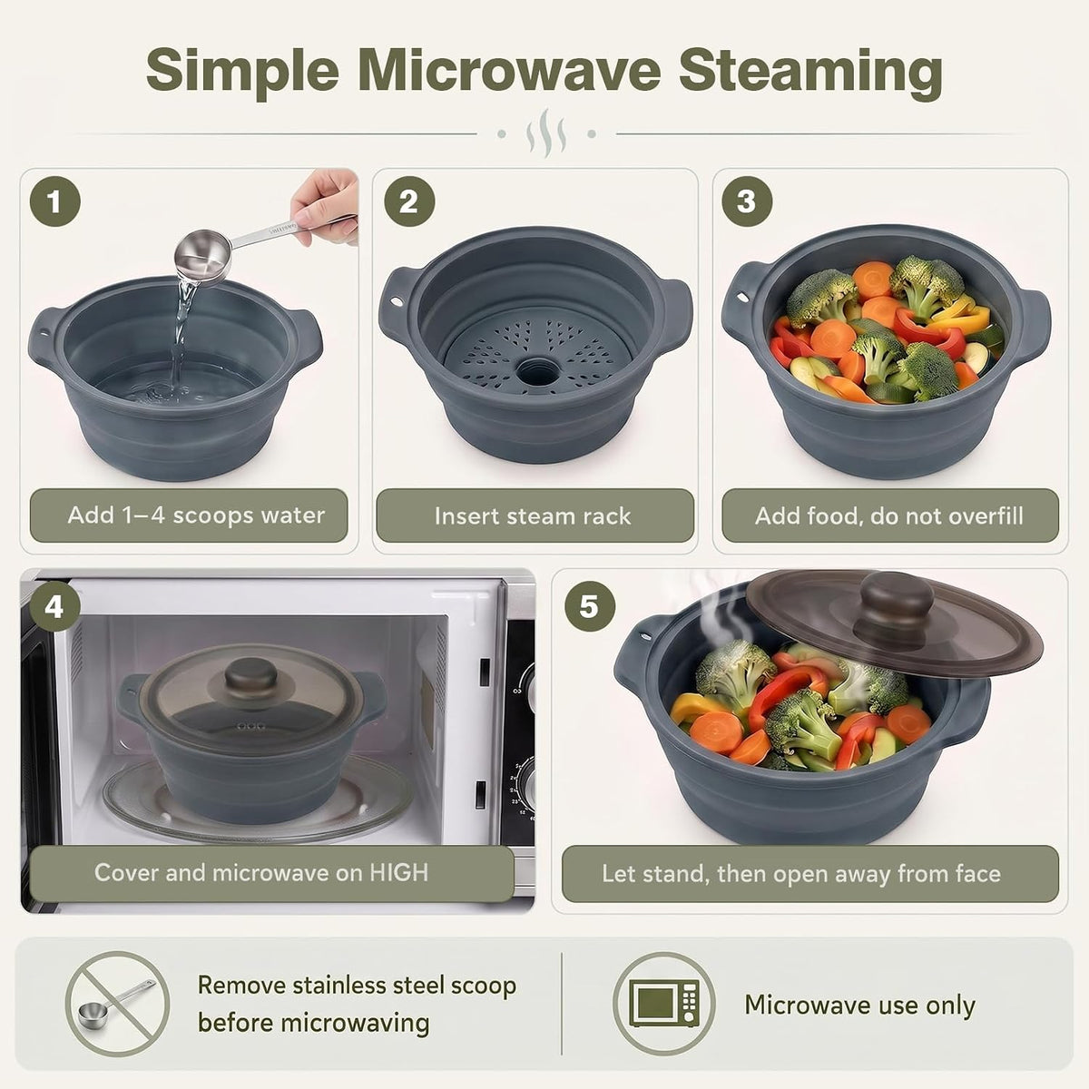 42oz Collapsible Silicone Microwave Steamer for Vegetables, Gray