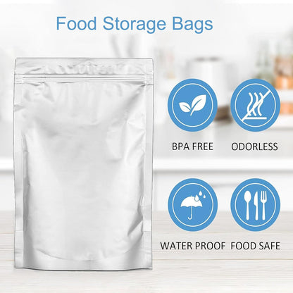 100pcs 1 QUART Mylar Bags - 10 Mil Total Thickness - 7"x10" Stand-Up Zipper Pouches, Resealable Heat Sealable Mylar Bags for Long Term Food Storage