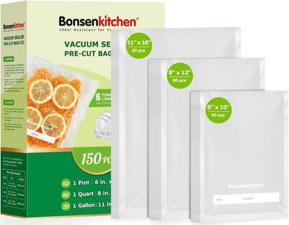 Bonsenkitchen Vacuum Sealer Bags, 150 Count, BPA Free, Food Storage