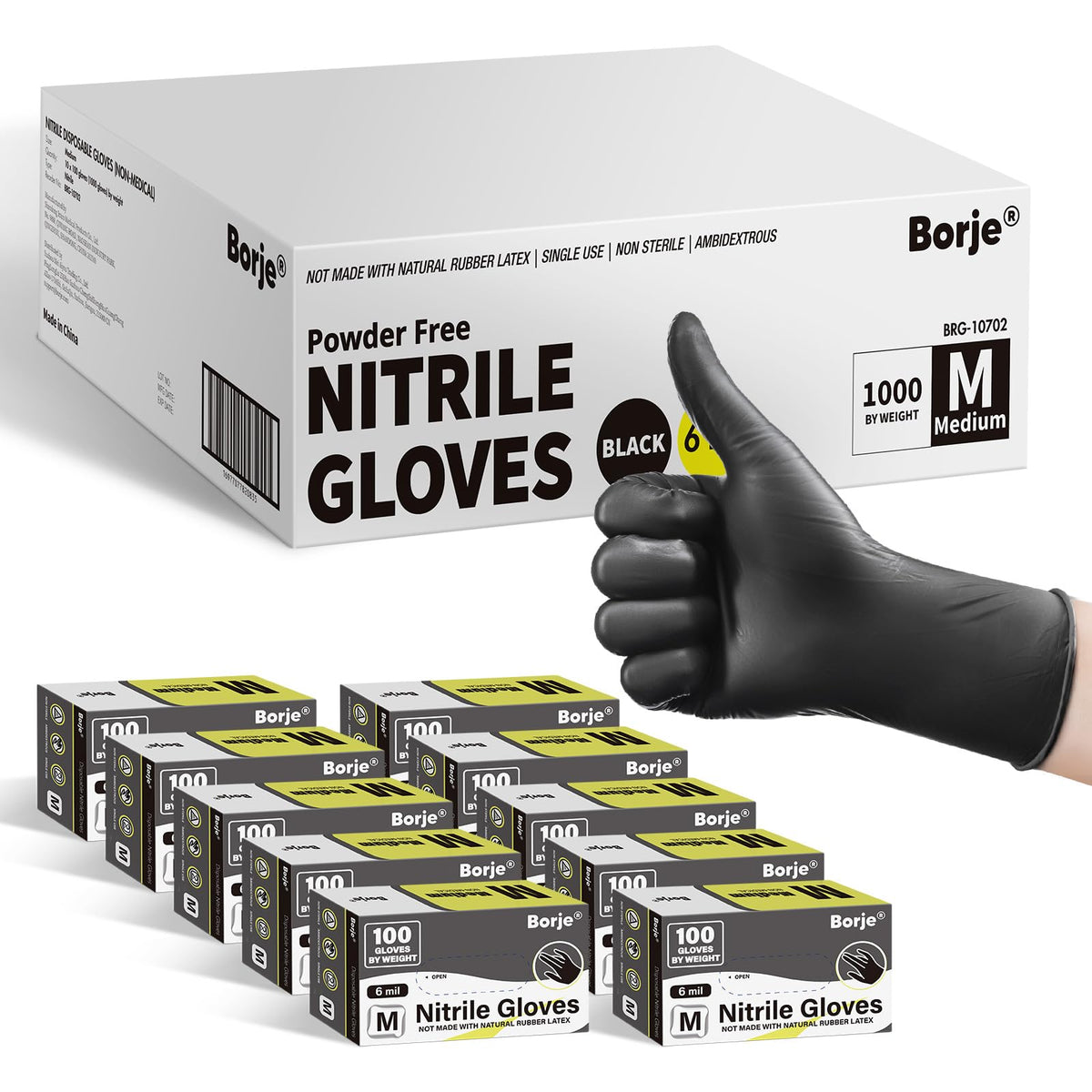 Borje Nitrile Gloves XL, 100 Count Disposable Gloves, Black, Latex-Free Powder-Free, Medical Exam, Food Safe, Cleaning, Cooking