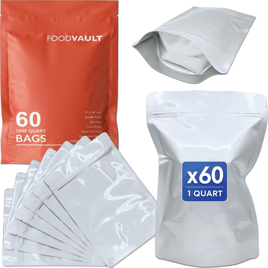 1 Quart Mylar Bags, 16 Mil Total Thickness, Stand-Up Resealable Mylar Bags for Food Storage, Freeze Dryer [60-Pack | 7" x 10" x 4"]