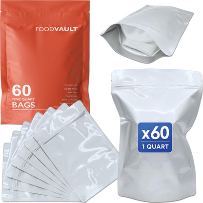 1 Quart Mylar Bags, 16 Mil Total Thickness, Stand-Up Resealable Mylar Bags for Food Storage, Freeze Dryer [60-Pack | 7" x 10" x 4"]
