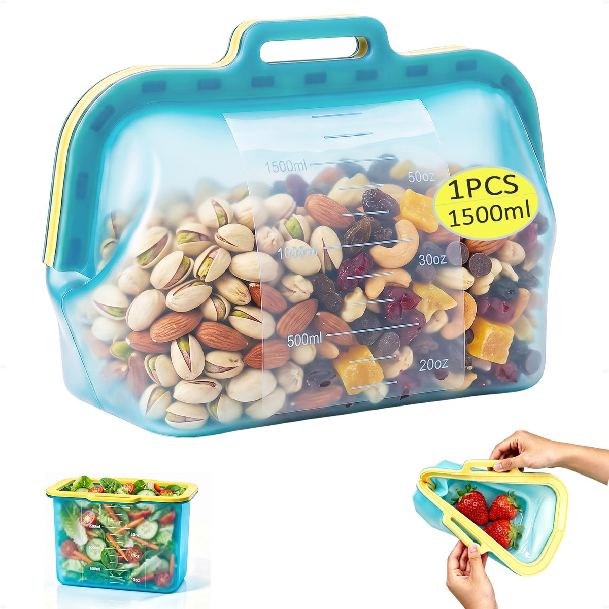 Auto-Closing Magnetic Seal Reusable Silicone Food Storage Bags, 2 Pack 8-Cup / 68 oz Stand-Up Pouches, No Harsh Smells, for Lunch, Fruit, Meal Prep, School & Office, Dishwasher & Freezer Safe