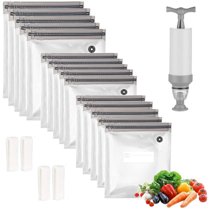 Sous Vide Bags 20pack Reusable Vacuum Food Storage Bags with 3 Sizes Vacuum Food Bags,1 Hand Pump,4 Sealing Clips for Food Storage and Sous Vide Cooking (Green Kit)
