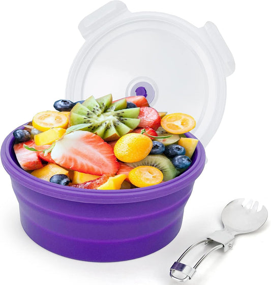 1200ml Large Camping Bowl with Foldable Spoon, Collapsible Bowl With Lid, Silicone Bento Box, For Travel Camping Meal Prep & Food Storage, Microwave Dishwasher Safe, Purple