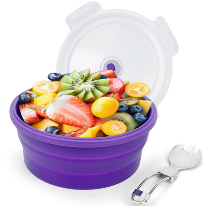 1200ml Large Camping Bowl with Foldable Spoon, Collapsible Bowl With Lid, Silicone Bento Box, For Travel Camping Meal Prep & Food Storage, Microwave Dishwasher Safe, Purple