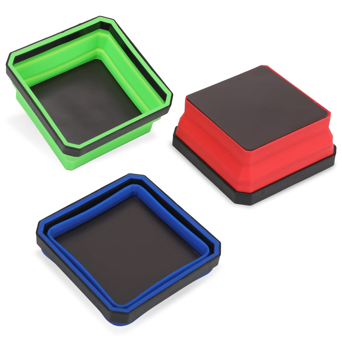 PR1ME Collapsible Magnetic Parts Tray Set, Foldable Magnetic Tray, 3 Pieces 4.25 inch Square Silicone Bowls with Magnetic Base Stores and Organizes Small Parts and Tools