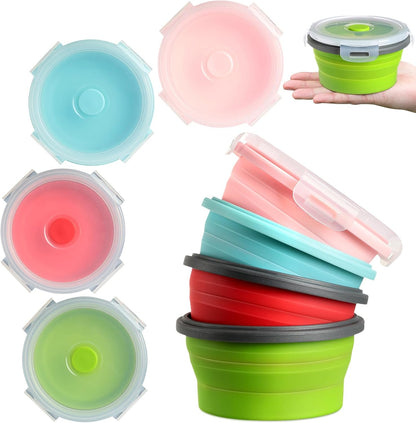 Suclain 4 Pcs Collapsible Bowls with Lids Silicone Camping Food Storage Container Expandable Folding Salad Lunch Box Travel Container for Hiking Camping