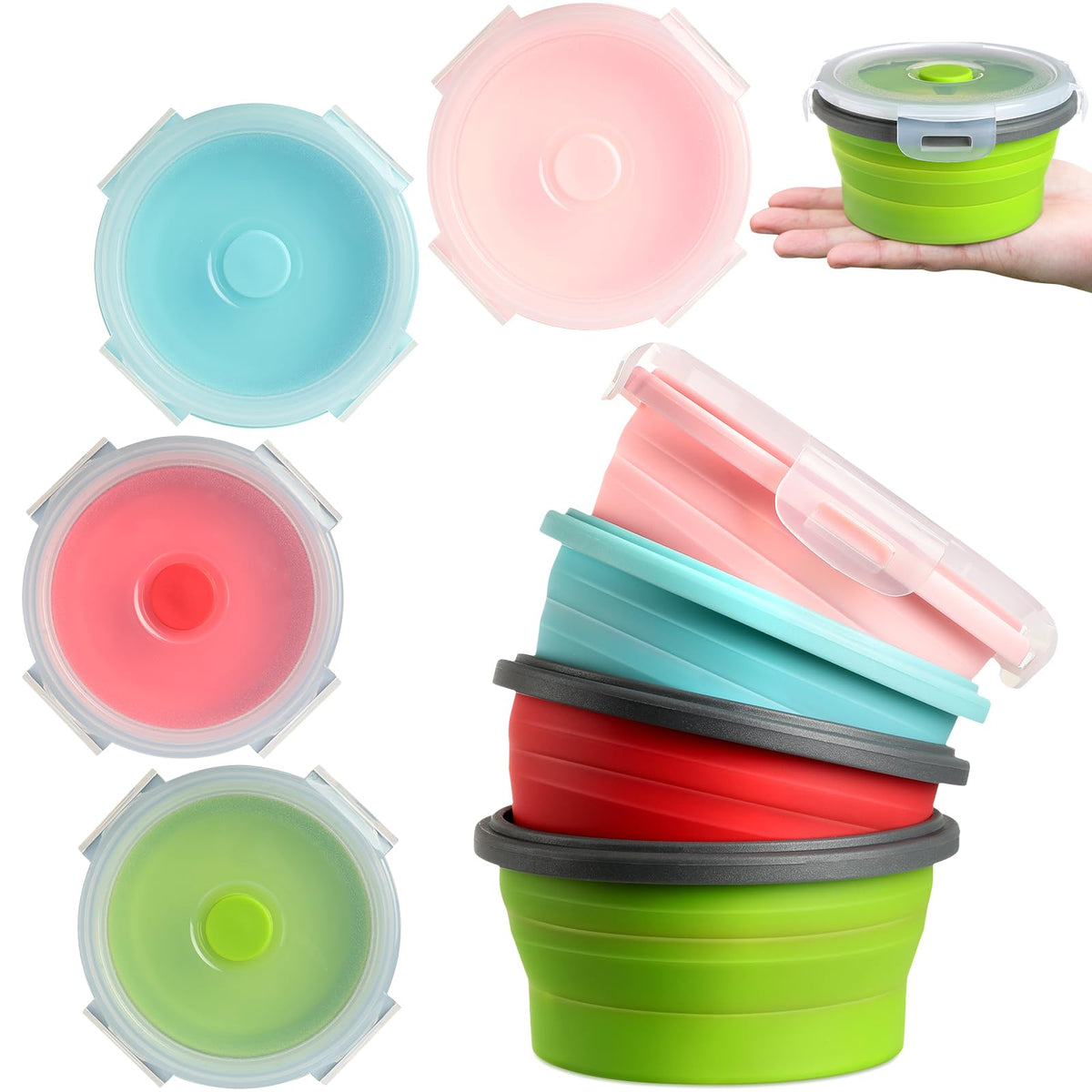 Suclain 4 Pcs Collapsible Bowls with Lids Silicone Camping Food Storage Container Expandable Folding Salad Lunch Box Travel Container for Hiking Camping