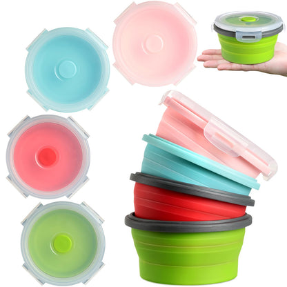 Suclain 4 Pcs Collapsible Bowls with Lids Silicone Camping Food Storage Container Expandable Folding Salad Lunch Box Travel Container for Hiking Camping